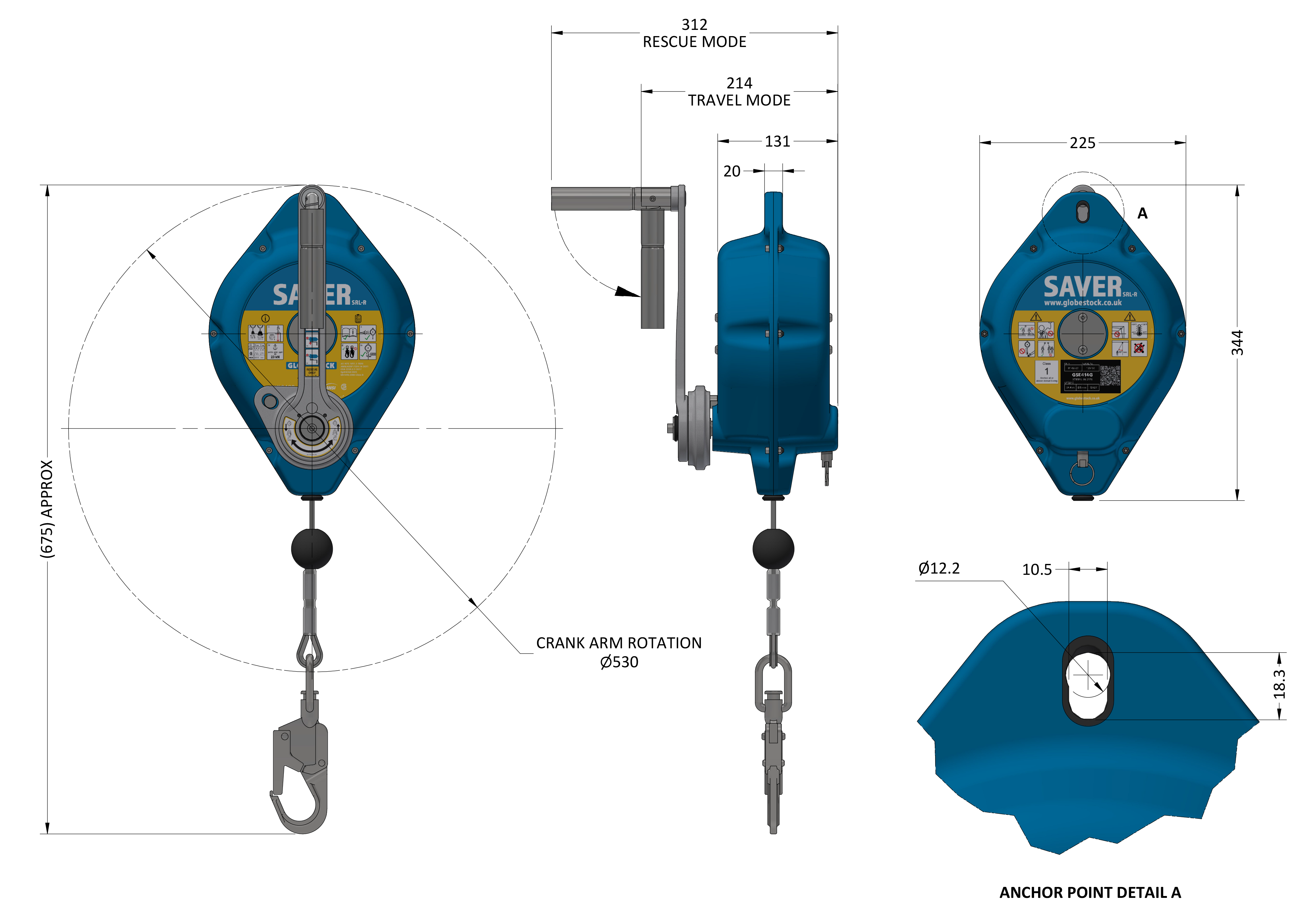 Dimensional drawing for the SAVER fall arrest SRL